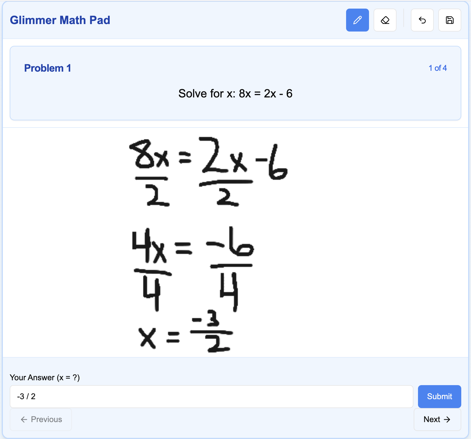 Glimmer Math Pad showing step-by-step algebra problem solving